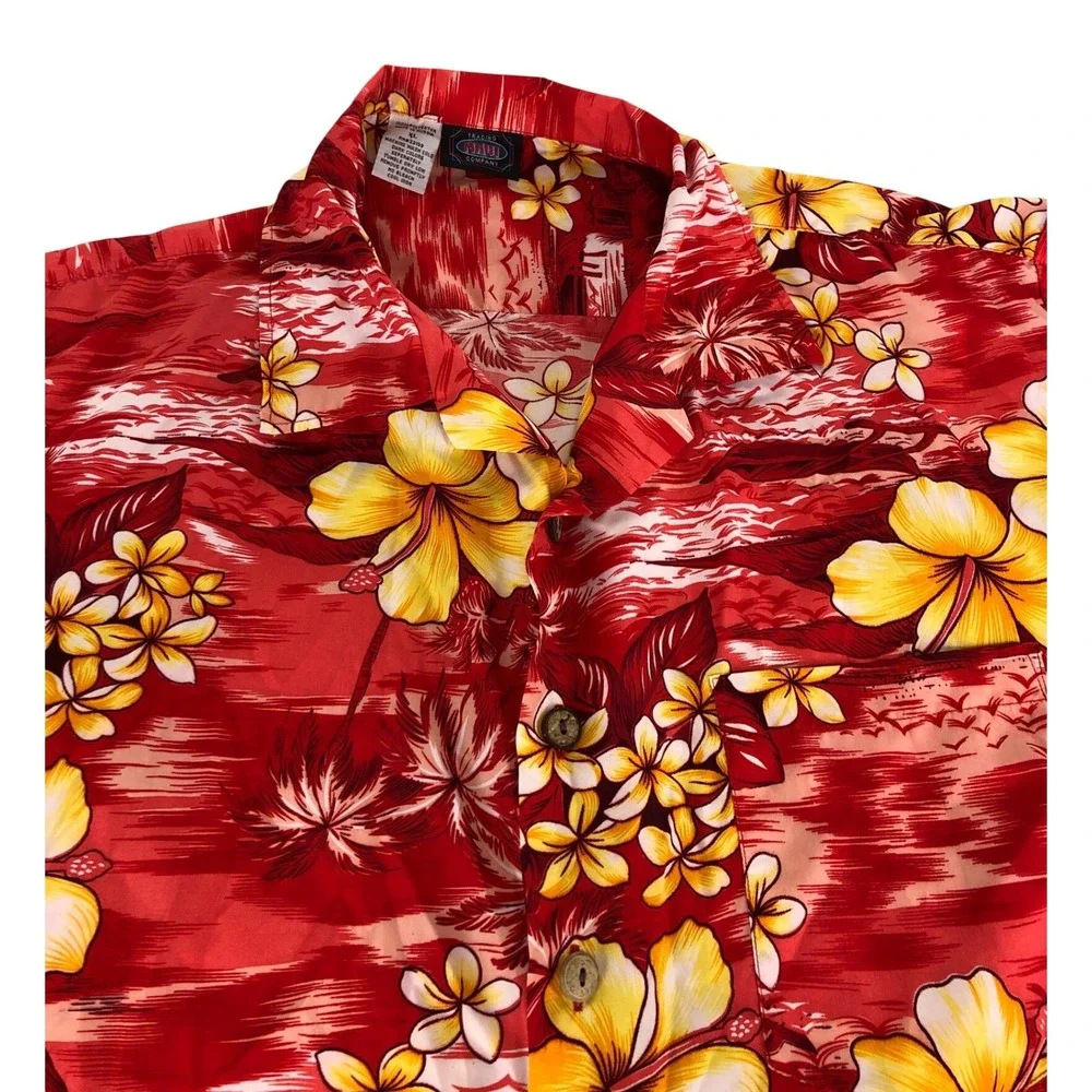 Trading Maui Company Mens Red Tropical Hibiscus Palm Tree Hawaiian Shirt‎ XL Vtg